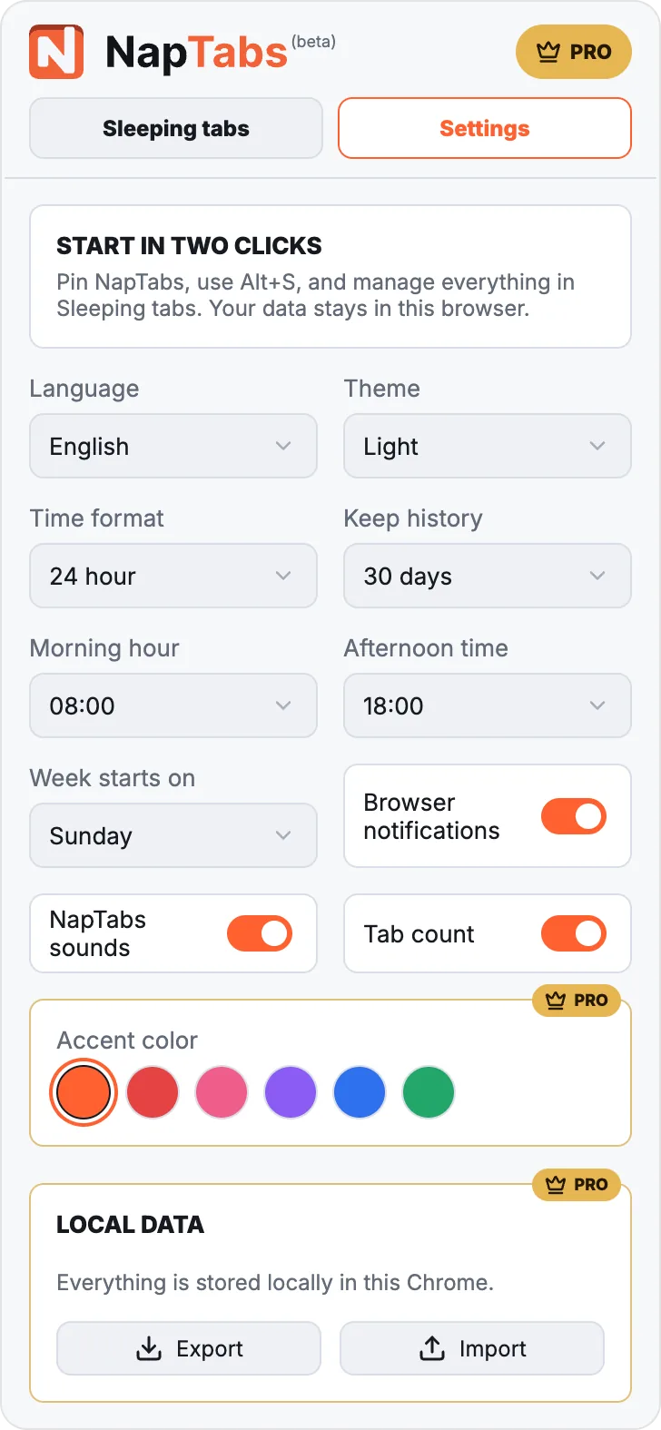 Tela de configurações do NapTabs