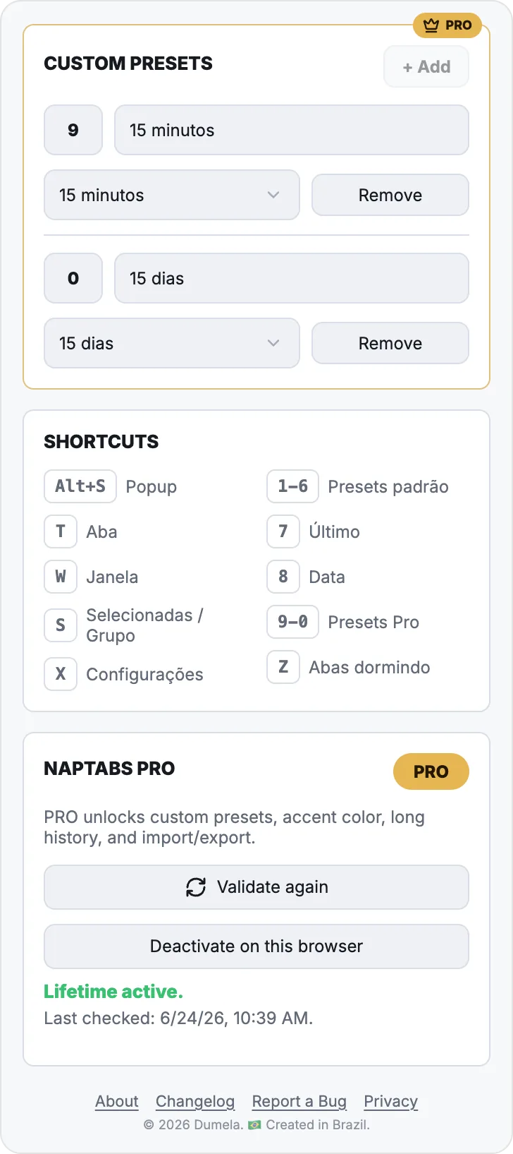 Tela de ajustes Pro do NapTabs