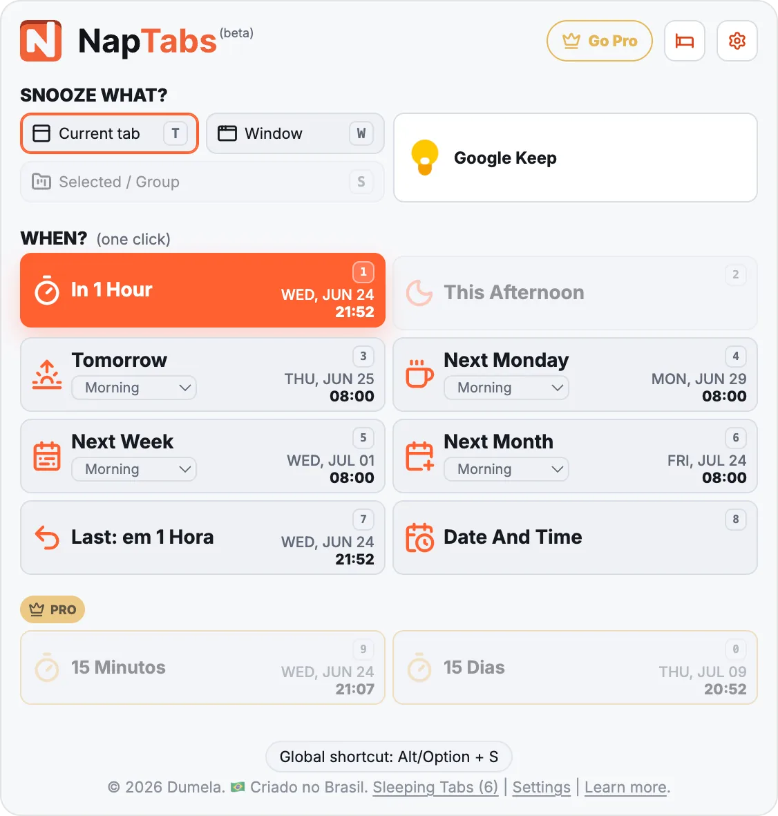 Popup do NapTabs com opção de dormir guia atual