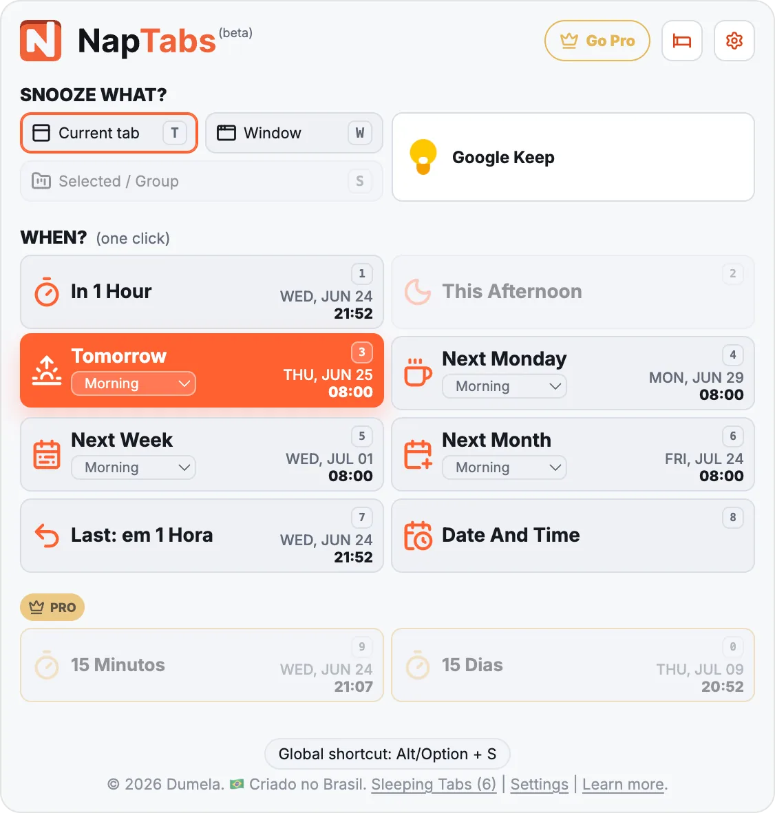 Popup do NapTabs com presets de horário