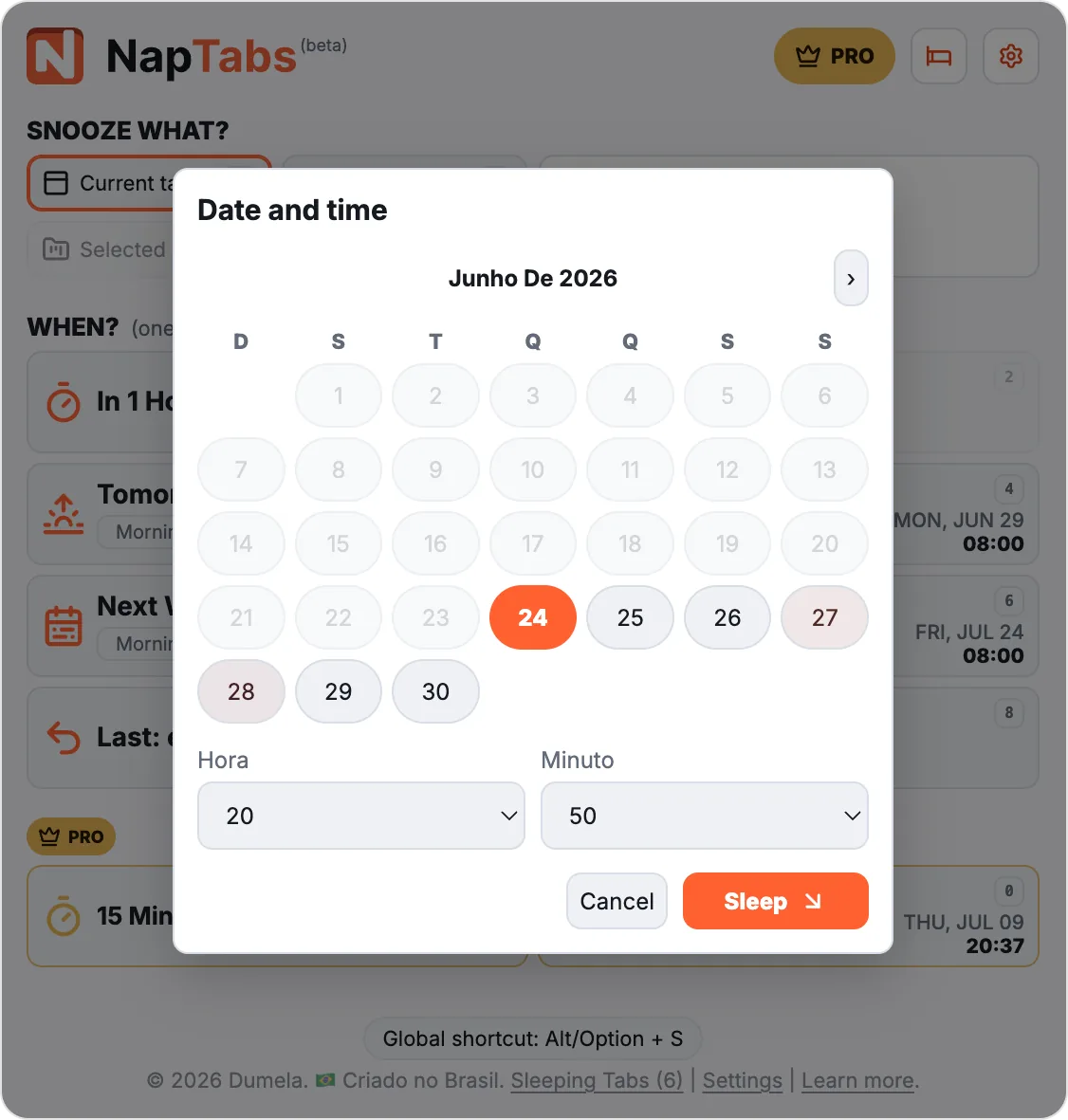 Popup do NapTabs com opções Pro