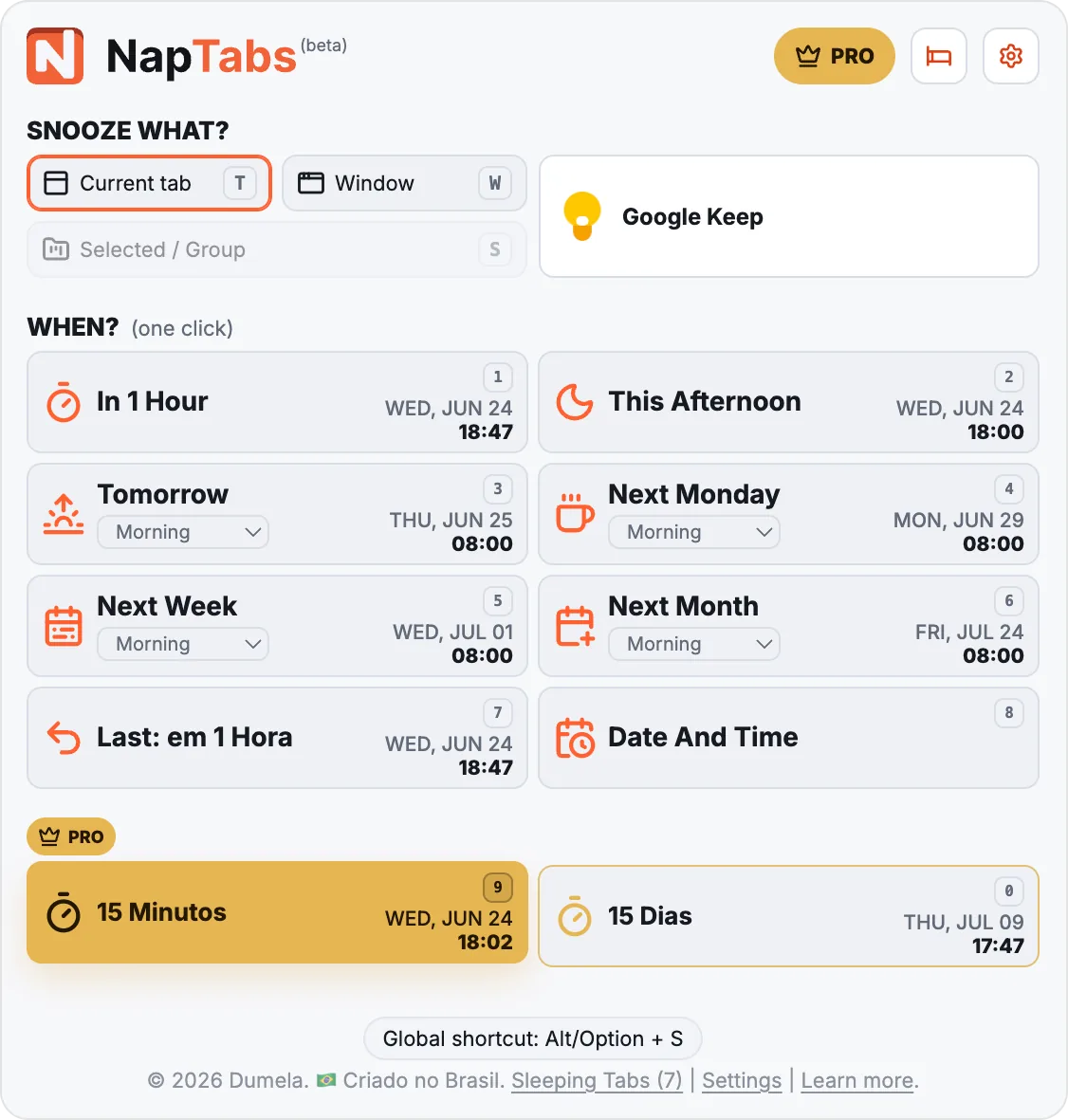 Popup do NapTabs com seleção de guias para dormir