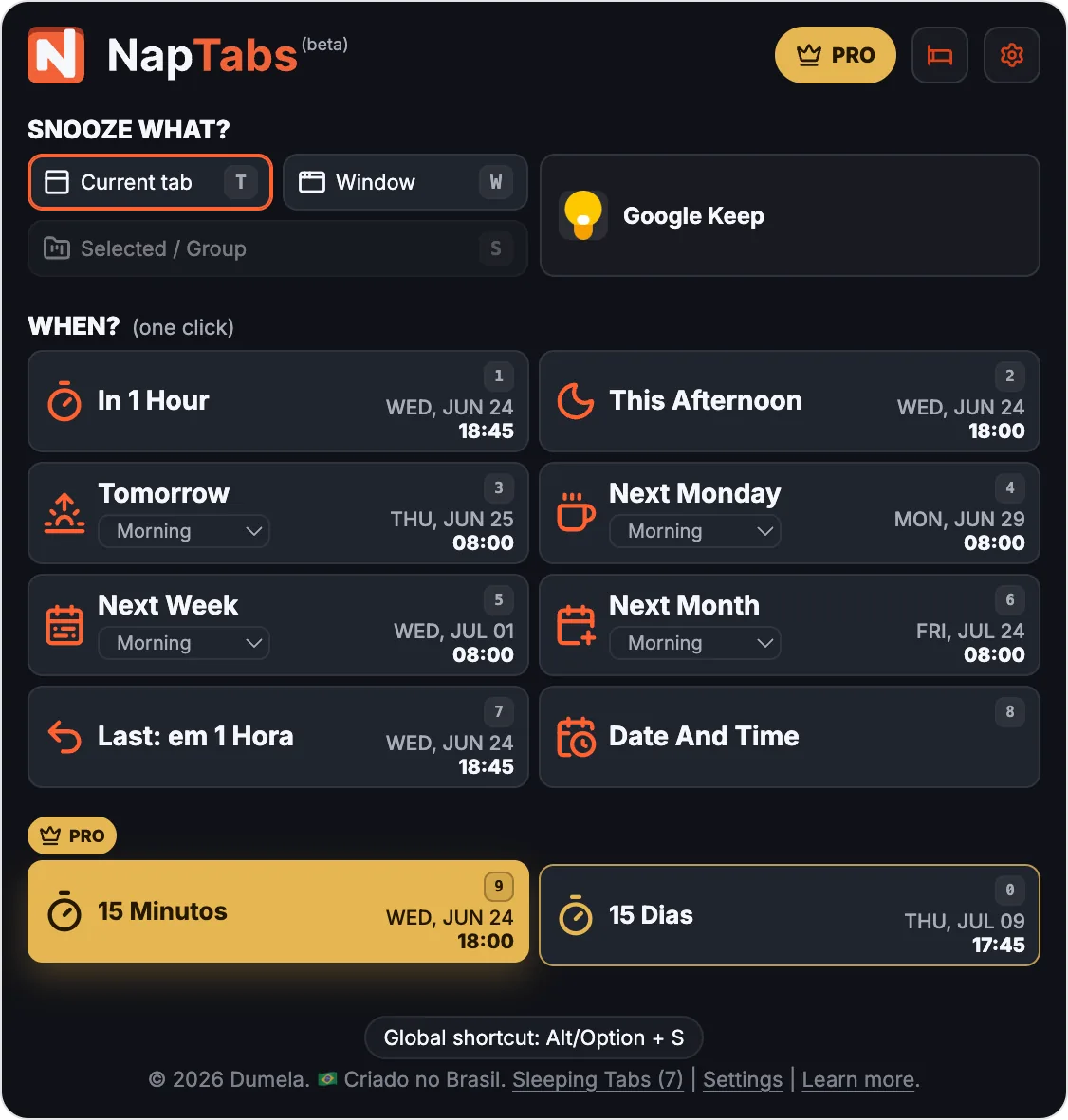 Popup do NapTabs com configurações rápidas da extensão